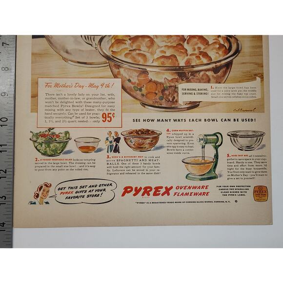 1943 Pyrex Print Ad Bowl Set Mothers Day Kitchen 1940s Domestic Ephemera - Picture 5 of 6